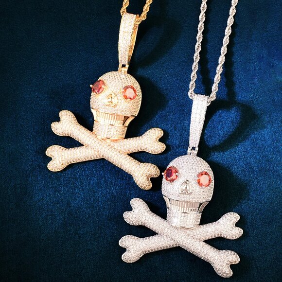 Iced Out Skull and Bones Drip Necklace Pendant with Rope Chain - Picture 8 of 8